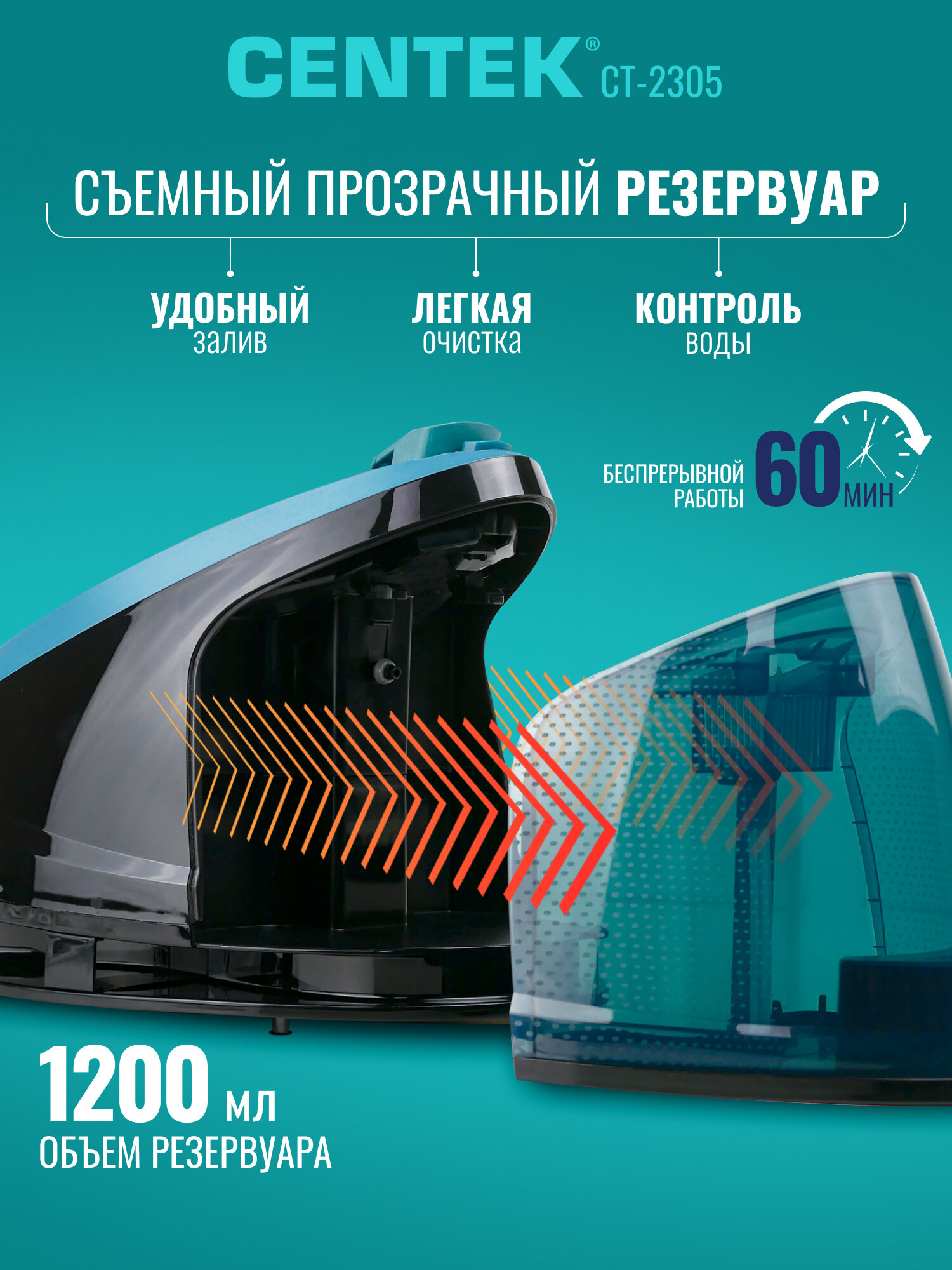 Парогенератор для глажки CENTEK CT-2305: 2400Вт, 7Бар, стальной бойлер, самоочистка, паровой утюг — фото 1