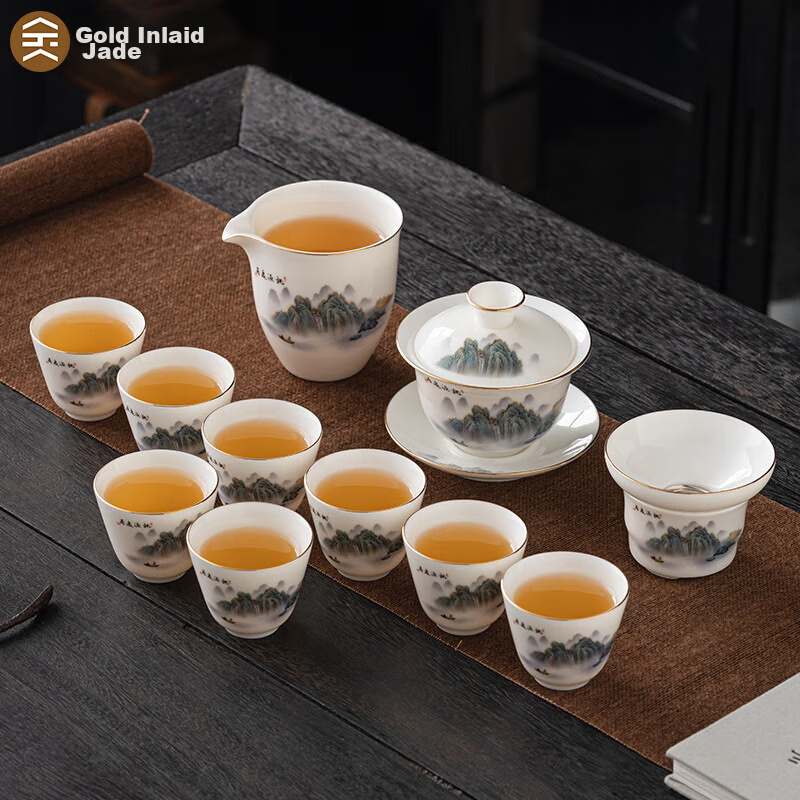 Jinxiangyu Kungfu Tea Set Home Use Complete Set Mutton-Fat Jade White Porcelain Tea Ceremony Gift Box High-End Taoyuan Yiju