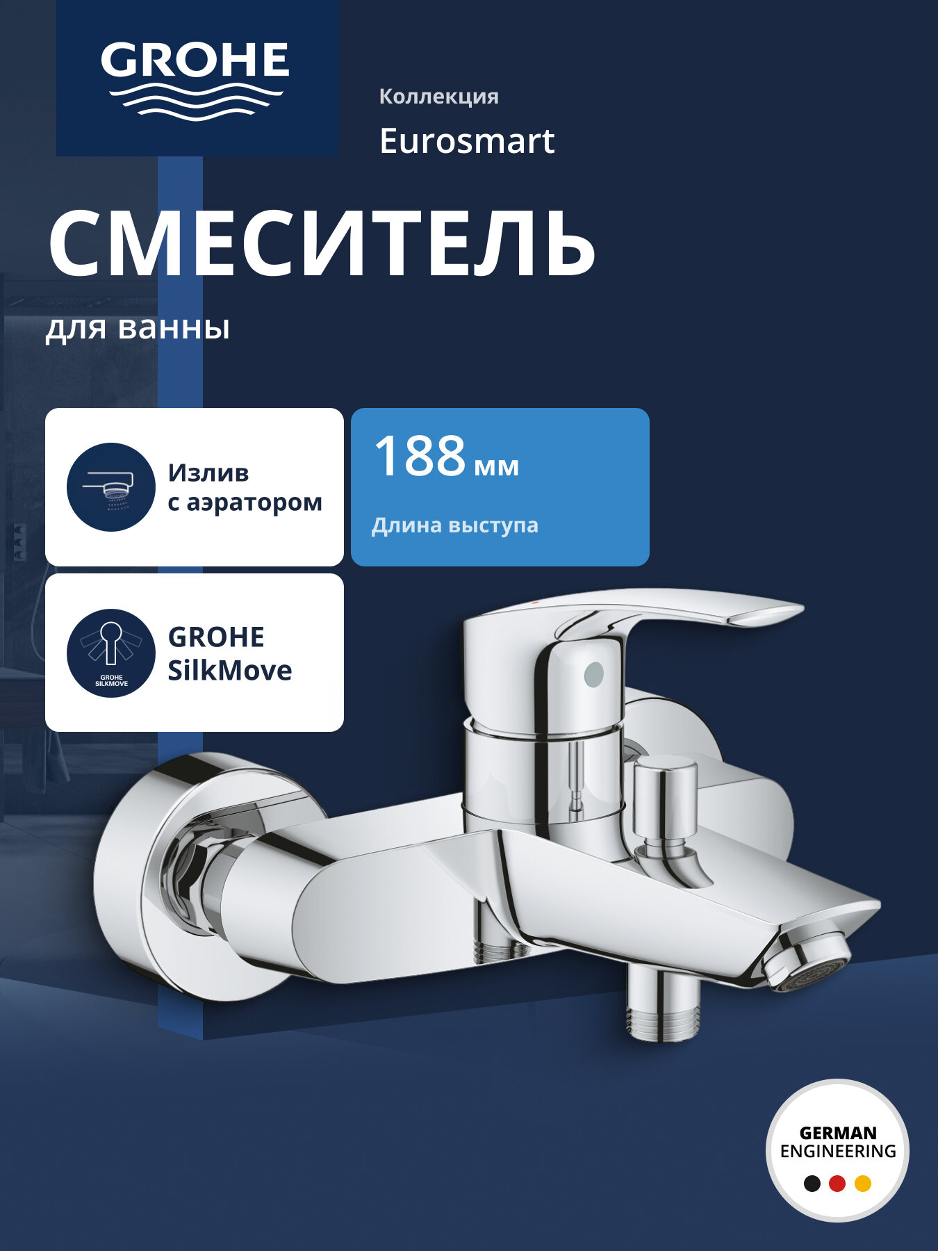 Смеситель GROHE Eurosmart однорычажный для ванны  хром 33300003