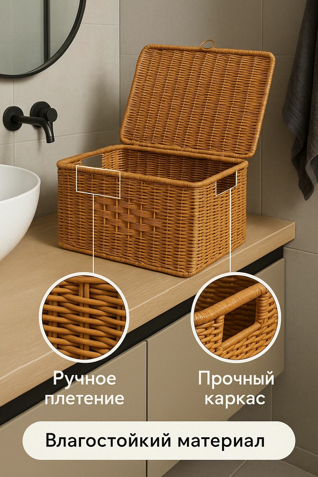 Корзина плетёная с крышкой и ручками коробка органайзер для хранения.