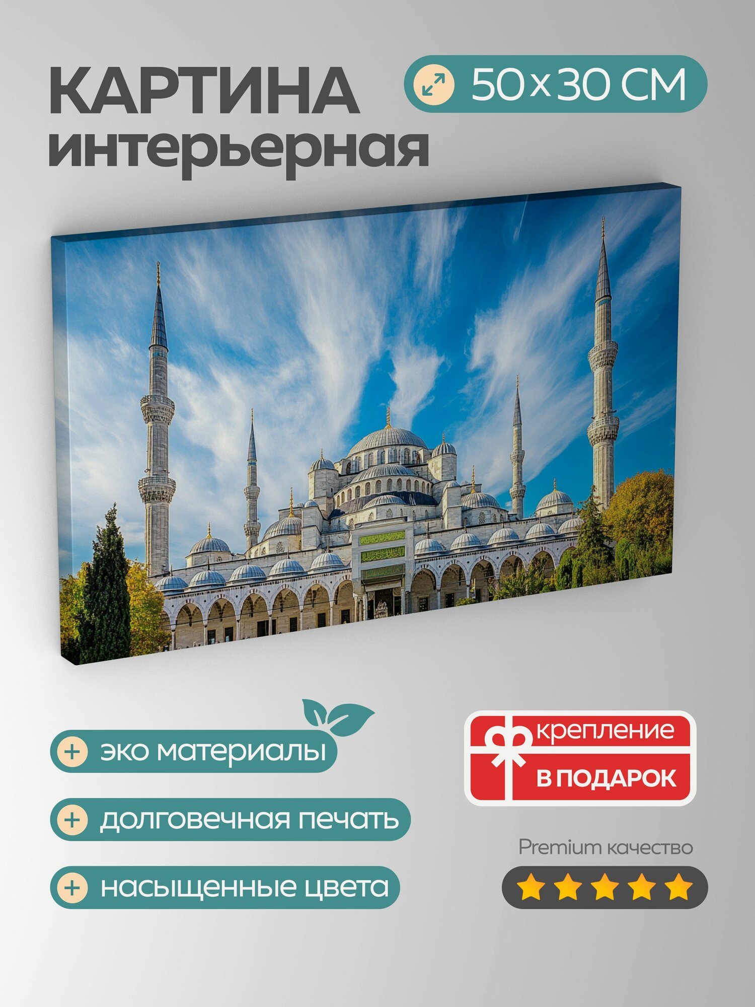 Картина на холсте интерьерная 50х30 см, Мечеть, Султан Ахмед, Голубая, архитектура, купола, небо, Nikon, фотография