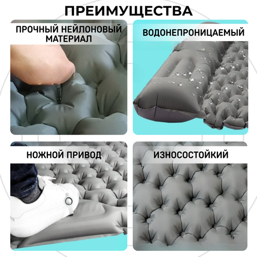 Туристический надувной коврик с насосом, с подушкой 2-х местный кемпинговый коврик серый