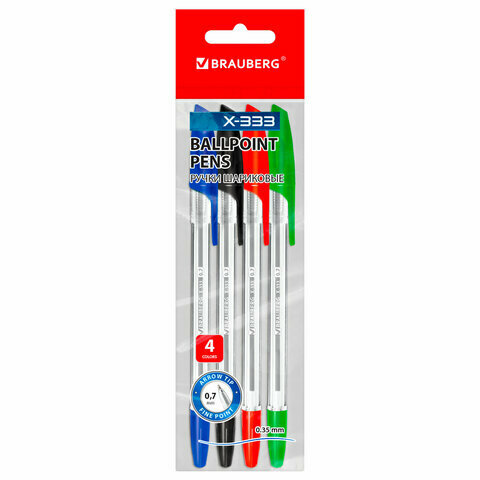 Ручки шариковые BRAUBERG "X-333", набор 4 цвета, узел 0,7 мм, линия 0,35 мм, 144252