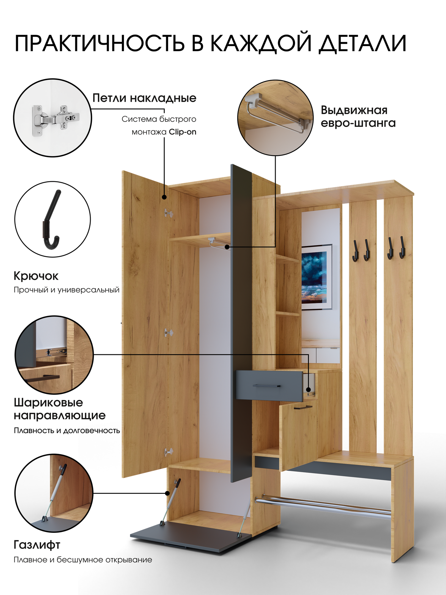 Прихожая комплект Бард с вешалкой, со шкафом, с сиденьем, с зеркалом, с обувницей, 142х35х205 см, Крафт золотой / Графит, Пора Спать — фото 1