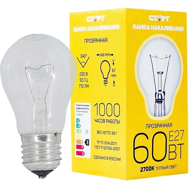 Лампа накаливания старт стандартная/прозрачная 60W E27