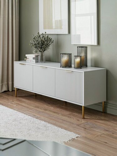 Изображение товара Тумба под телевизор напольная 150х40х55 см, белый с золотой фурнитурой