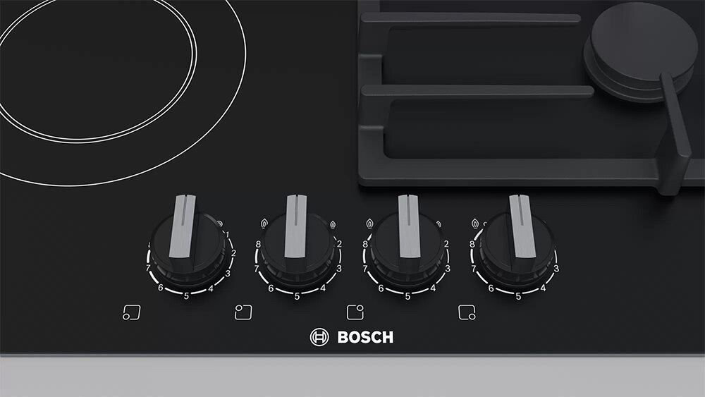 Варочная поверхность Bosch PRY6A6B70Q, комбинированный тип, 4 конфорки, стеклокерамика, чёрный