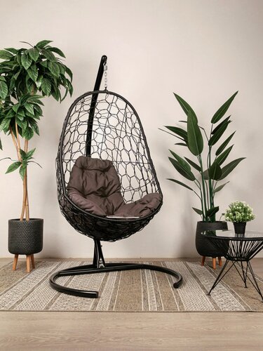 Изображение товара Подвесное кресло овал, с ротангом чёрное, коричневая подушка