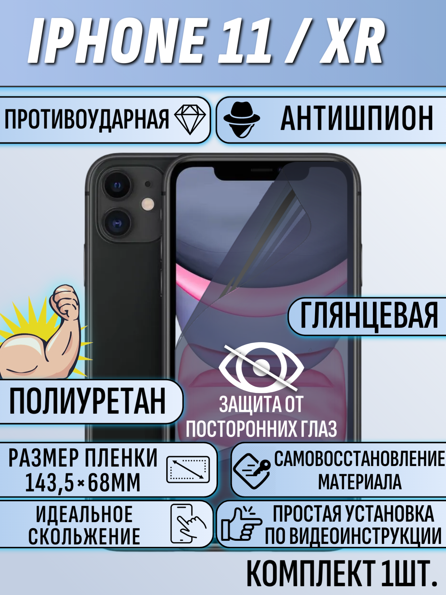 Гидрогелевая защитная пленка для iPhone 11 / XR антишпион глянцевая под чехол 1 шт