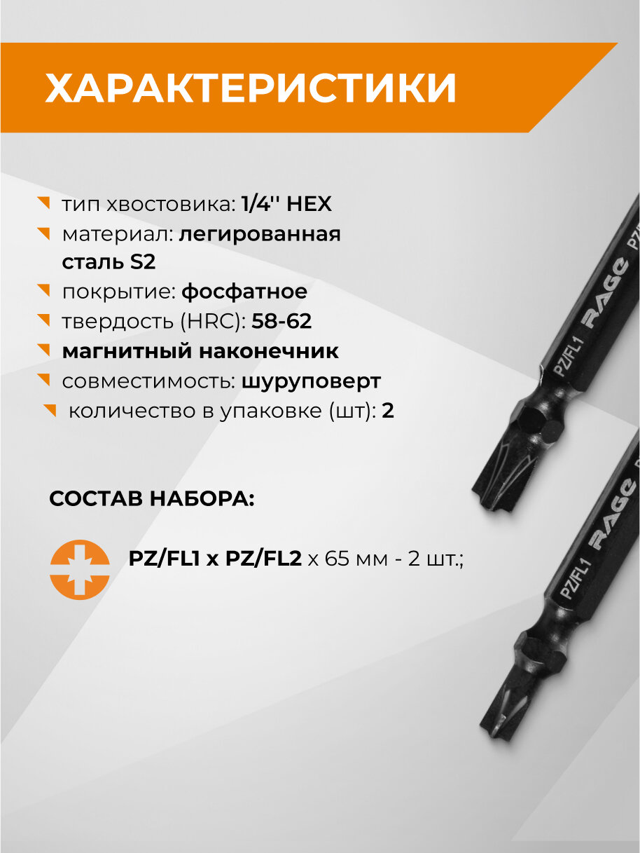 Биты магнитные двухсторонние S2 PZ/FL1 x PZ/FL2 x 65 мм 2 шт RAGE by VIRA — фото 1