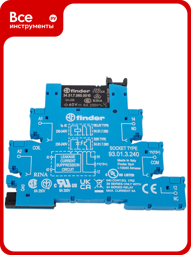 Интерфейсный модуль реле Finder  1 CO конт  6а 230 240в Ac  винт  зажимы  385132400060