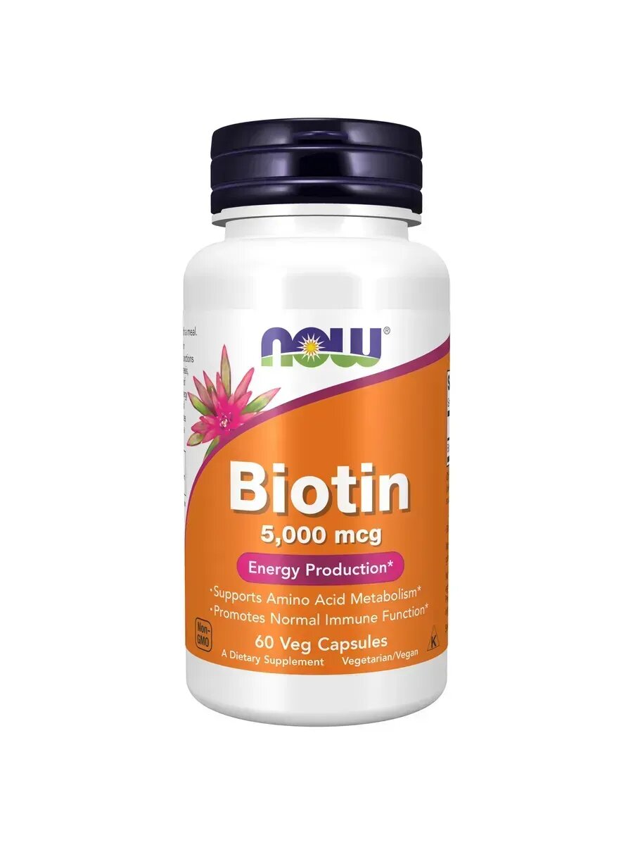 БАД NOW "Biotin", для волос, кожи, ногтей, 5000 мКг, 60 капс