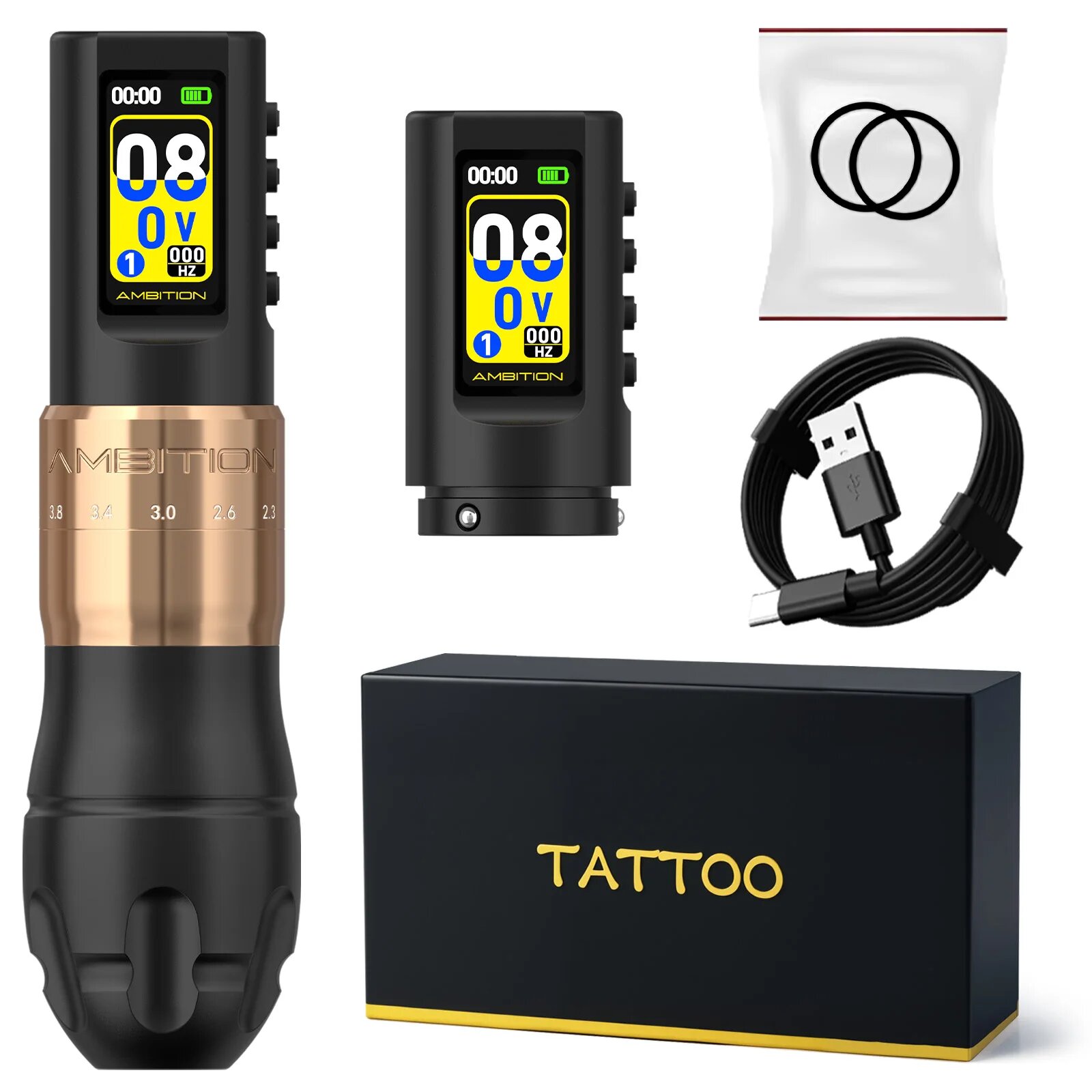 Беспроводная тату-машинка Ambition C3 Kit золотого цвета