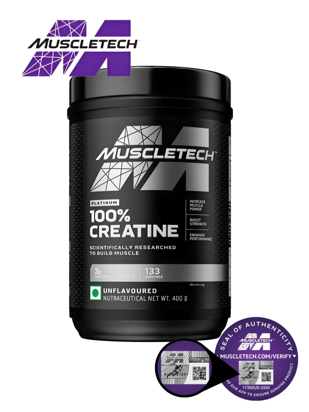 Креатин MuscleTech Platinum, моногидрат, порошок, 400 г, 80 порций — фото 1