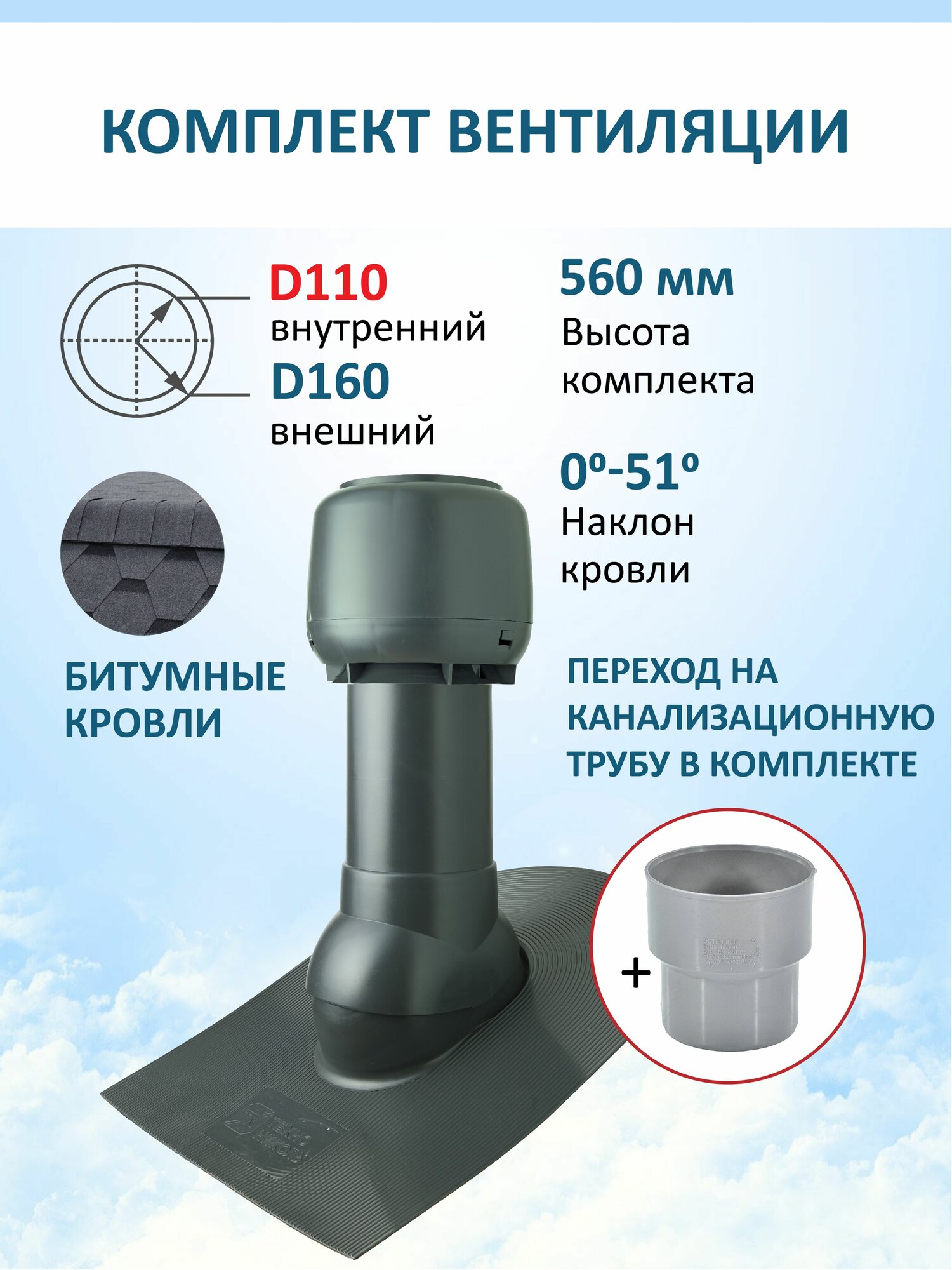 Колпак D160, вент. выход утепленный высотой Н-500 с переходом D110, проходной элемент для битумной кровли