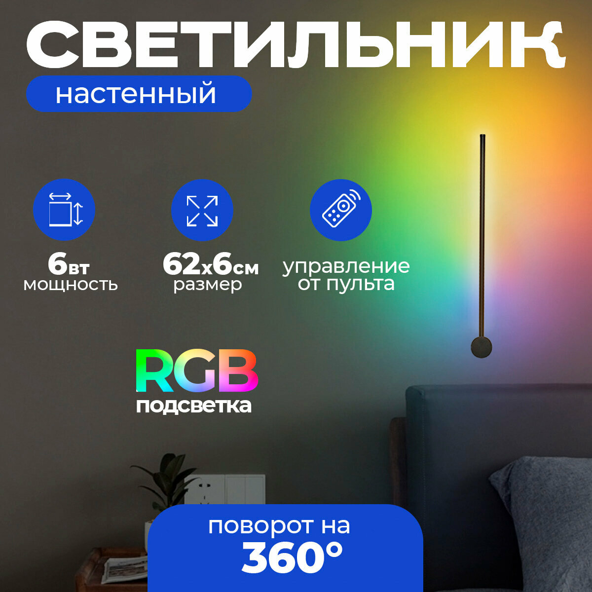 Настенный светильник с пультом поворотный светодиодный Nine 600 мм черный матовый 6W разноцветный бра