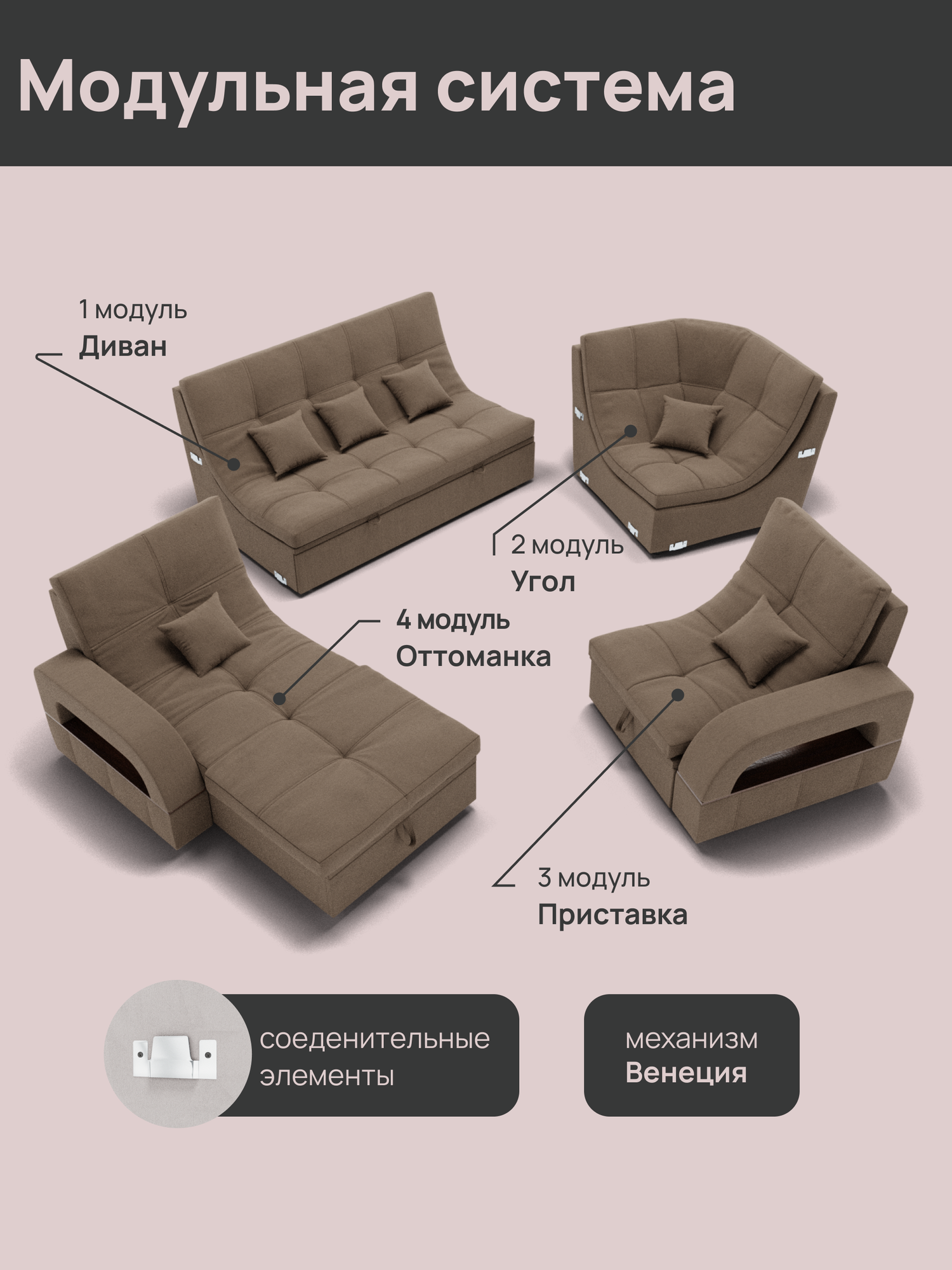 Модульный диван, Майами-4 , Велютта люкс 23 премиум класса YORCOM, 350x187x97, Коричневый. Велюр, ППУ , механизм Венеция. — фото 1