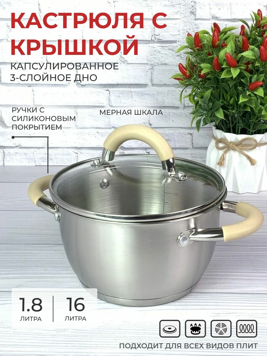 Кастрюля объем 1,8 л из нержавеющей стали с крышкой матовый корпус ручки с силиконом