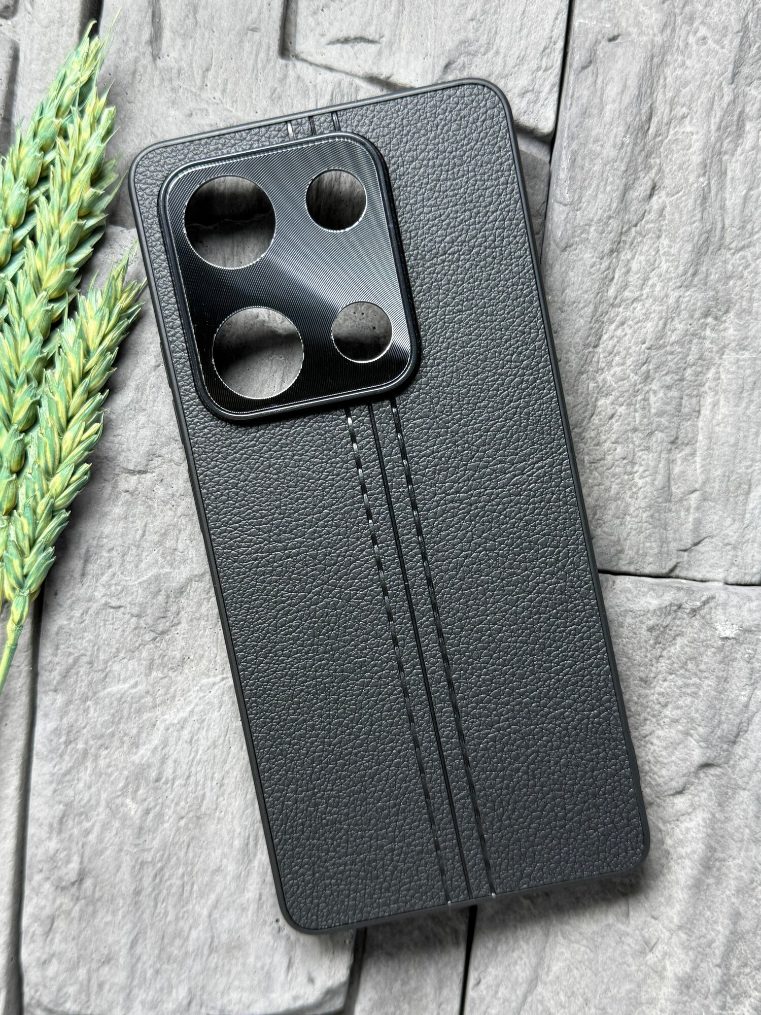 Чехол противоударный для Xiaomi Redmi Note 14S ( Сяоми Редми Ноут 14S ) с защитой камеры, текстура кожи, черный