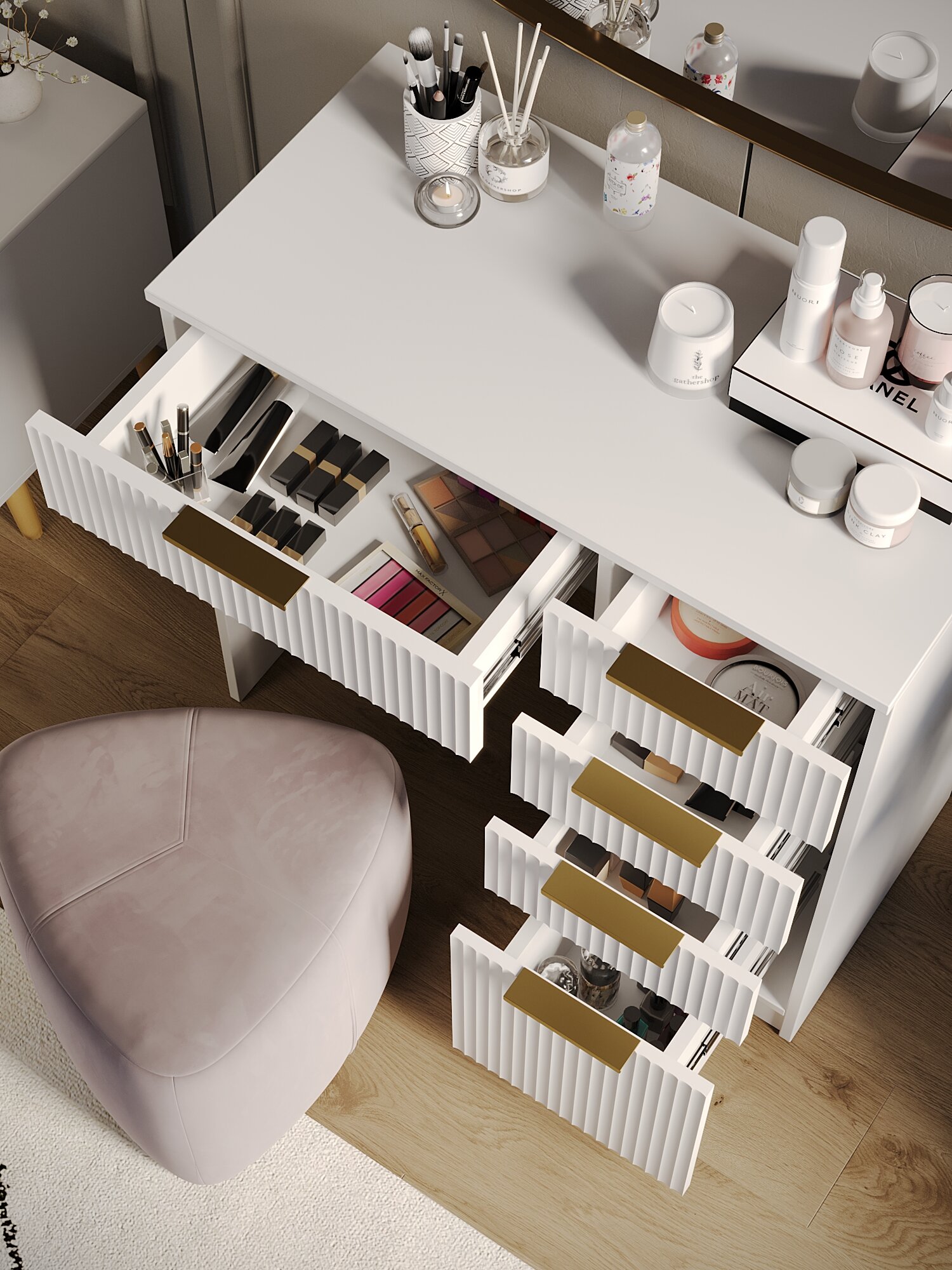 Туалетный столик GRIMSTOL 2-BA, белый, 5 ящиков для косметики, фасады МФД, Гранд волна — фото 1