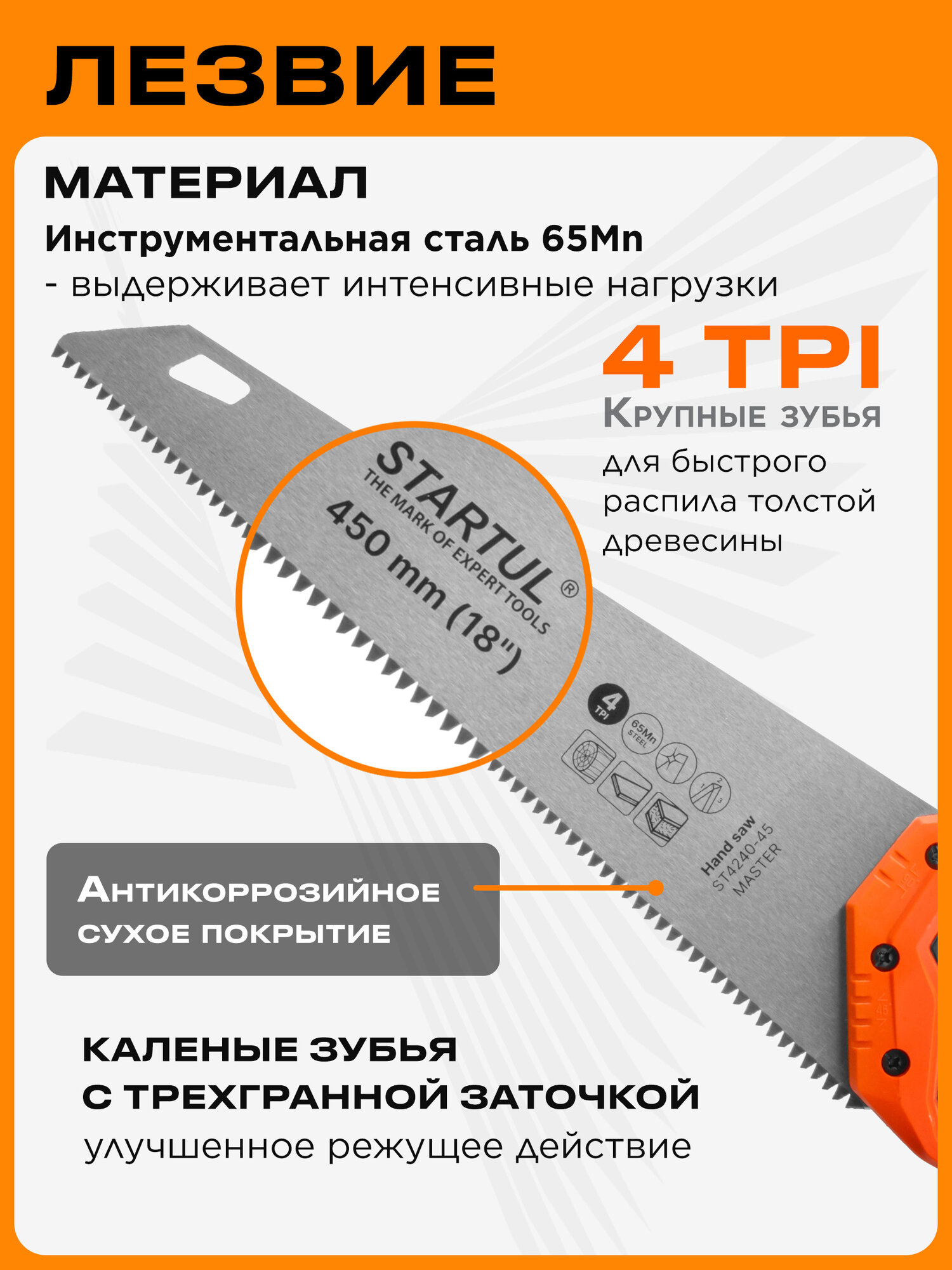 Ножовка по дереву STARTUL Master 450 мм 4 TPI с крупным зубом (ST4240-45) — фото 1