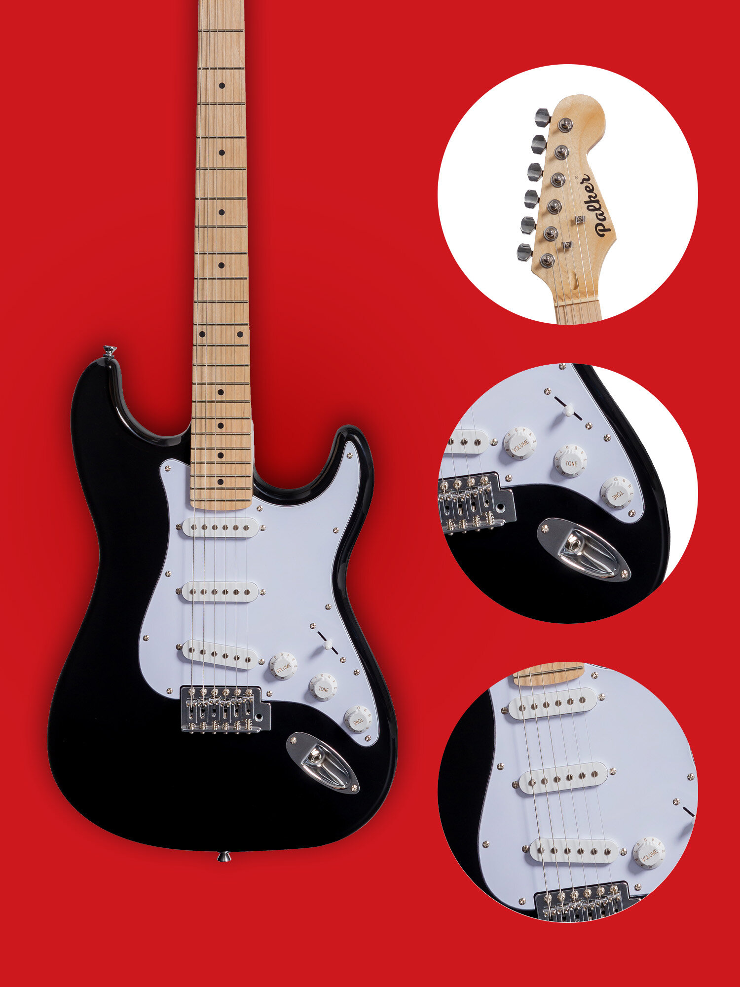 Электрогитара Palker "Premier Black Tremolo", с чехлом, 6 струн, 22 лада, гриф из массива клена