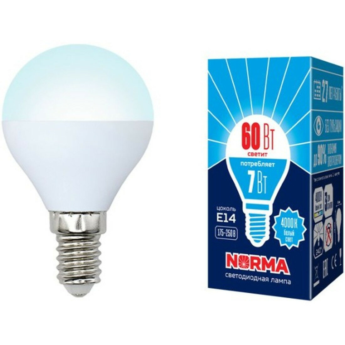 Лампа Volpe LED-G45-7W E14 7Вт 600лм 25000ч шар светлый