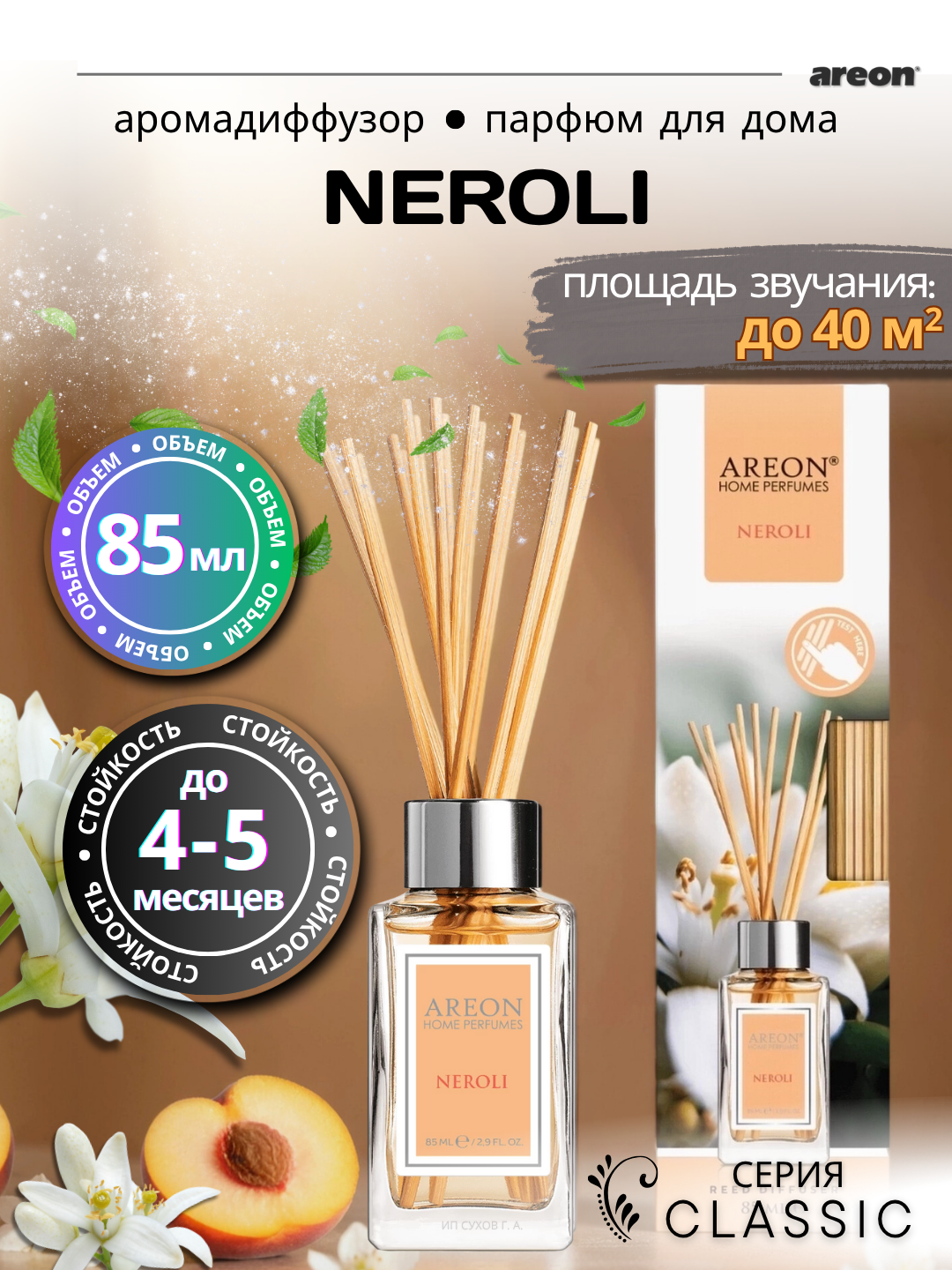 Ароматический диффузор Areon Classic, аромат Neroli, для дома/офиса/квартиры, с палочками, 85 мл