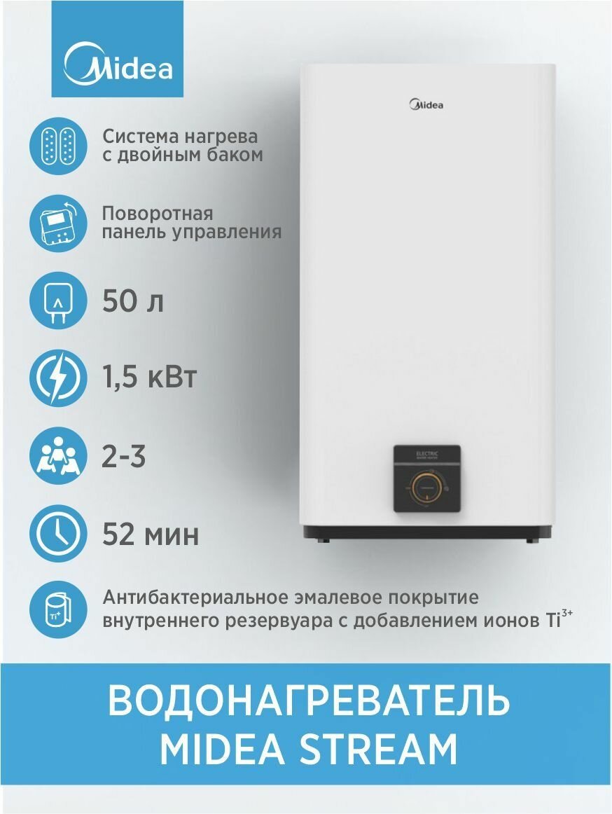 Водонагреватель электрический накопительный MIDEA Stream 50 л. универсальный монтаж