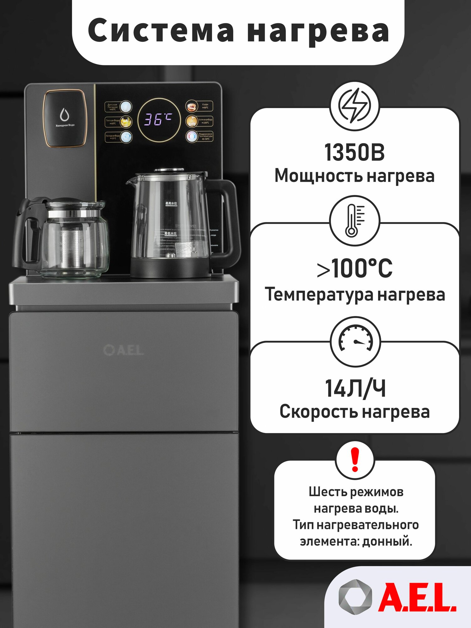 Кулер с чайным столиком Тиабар AEL LD TB83a grey, с электронным охлаждением, чайниками и встроенным шкафчиком — фото 1