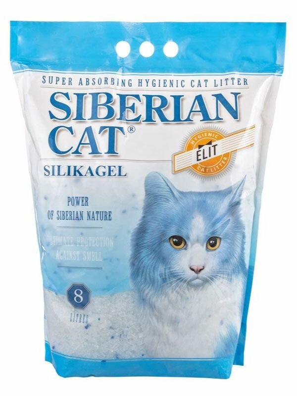 Наполнитель Сибирская Кошка "Элитный" впитывающий силикагель без запаха (синие гранулы) 8л