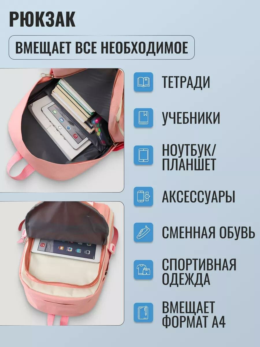 Рюкзак школьный для девочек, детский, спортивный, городской, модный, вместительный с карманами , набор 5в1 — фото 1