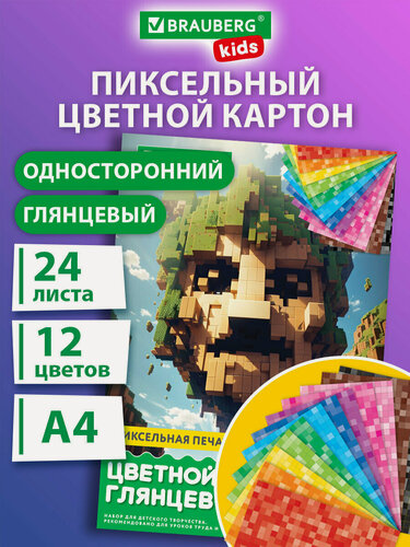 Изображение товара Цветной картон для школы набор А4 глянцевый, 24 листа 12 цветов в папке, канцелярия для школьников, творчества, скрапбукинга, Brauberg Kids, 116417