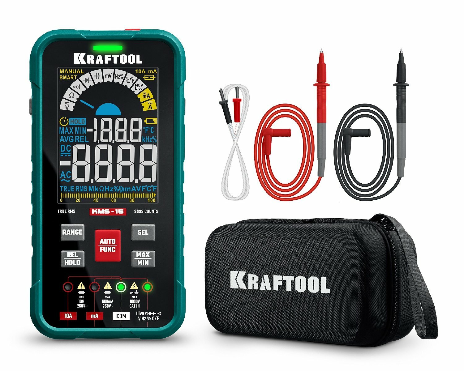 Смарт-мультиметр цифровой KRAFTOOL KMS-15 с функцией NCV и температурой -40° +1000°C 10000 отсчетов ЖК дисплей CAT III 1000В