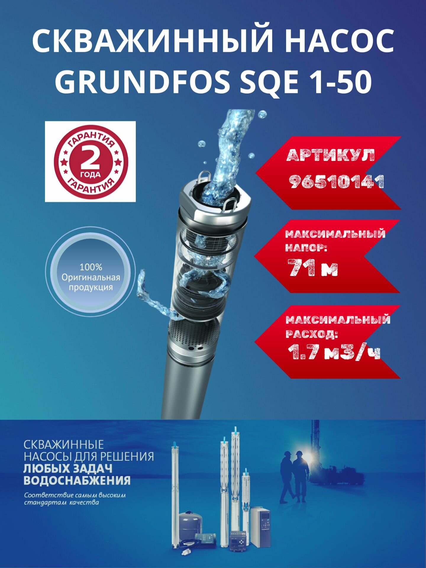 Насос скважинный Grundfos SQE 1-50 с кабелем 15м нержавеющая сталь 1020Вт