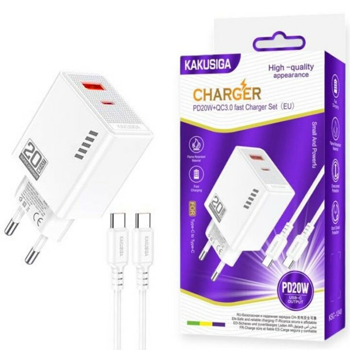 Быстрое сетевое зарядное устройство KAKUSIGA KSC-1240, 20W Power Delivery Type-C, для смартфонов и планшетов, белое