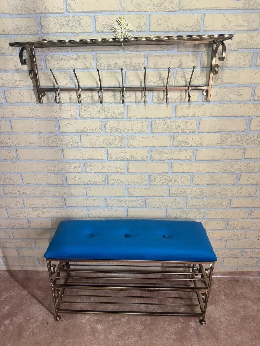 Кованая прихожая, вешалка + банкетка, Студия кованой мебели Нива, цвет античная бронза/синий — фото 1