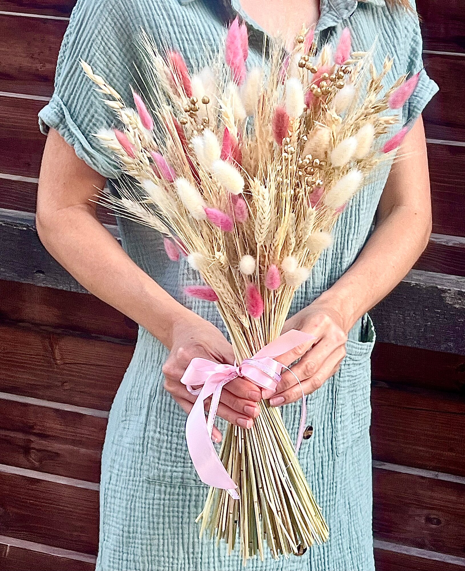 Готовый букет Цветок в Руке «Рассвет»  сухоцветы 45 см  лагурус  пшеница  рожь