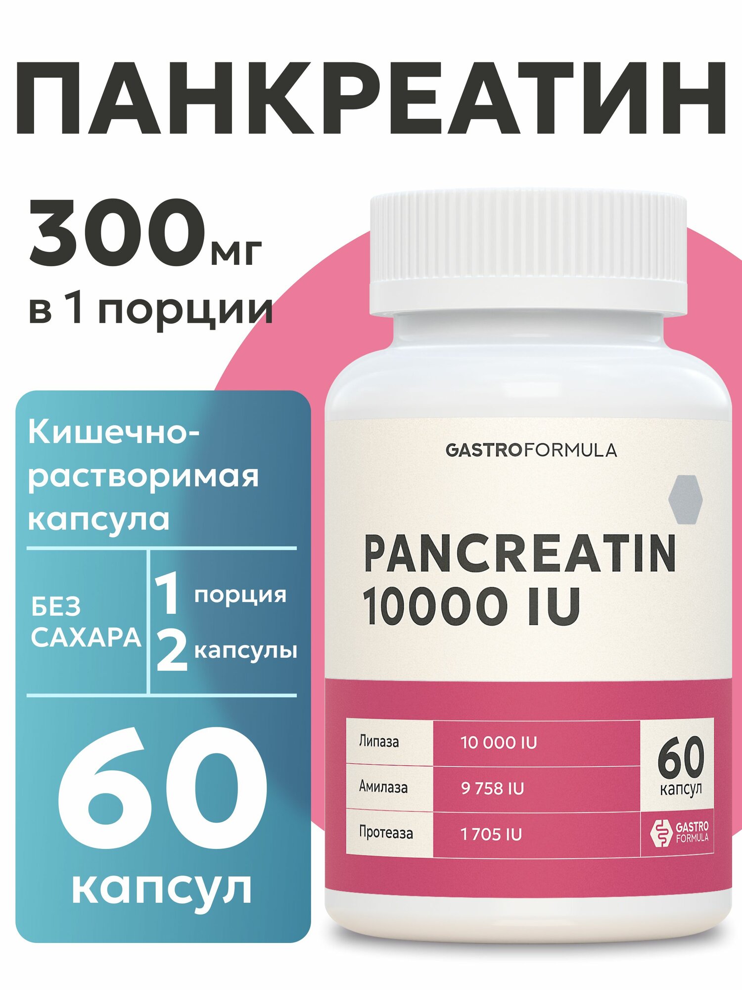 Панкреатин 10000 МЕ для желудка и кишечника пищеварения 60 капсул Pancreatin