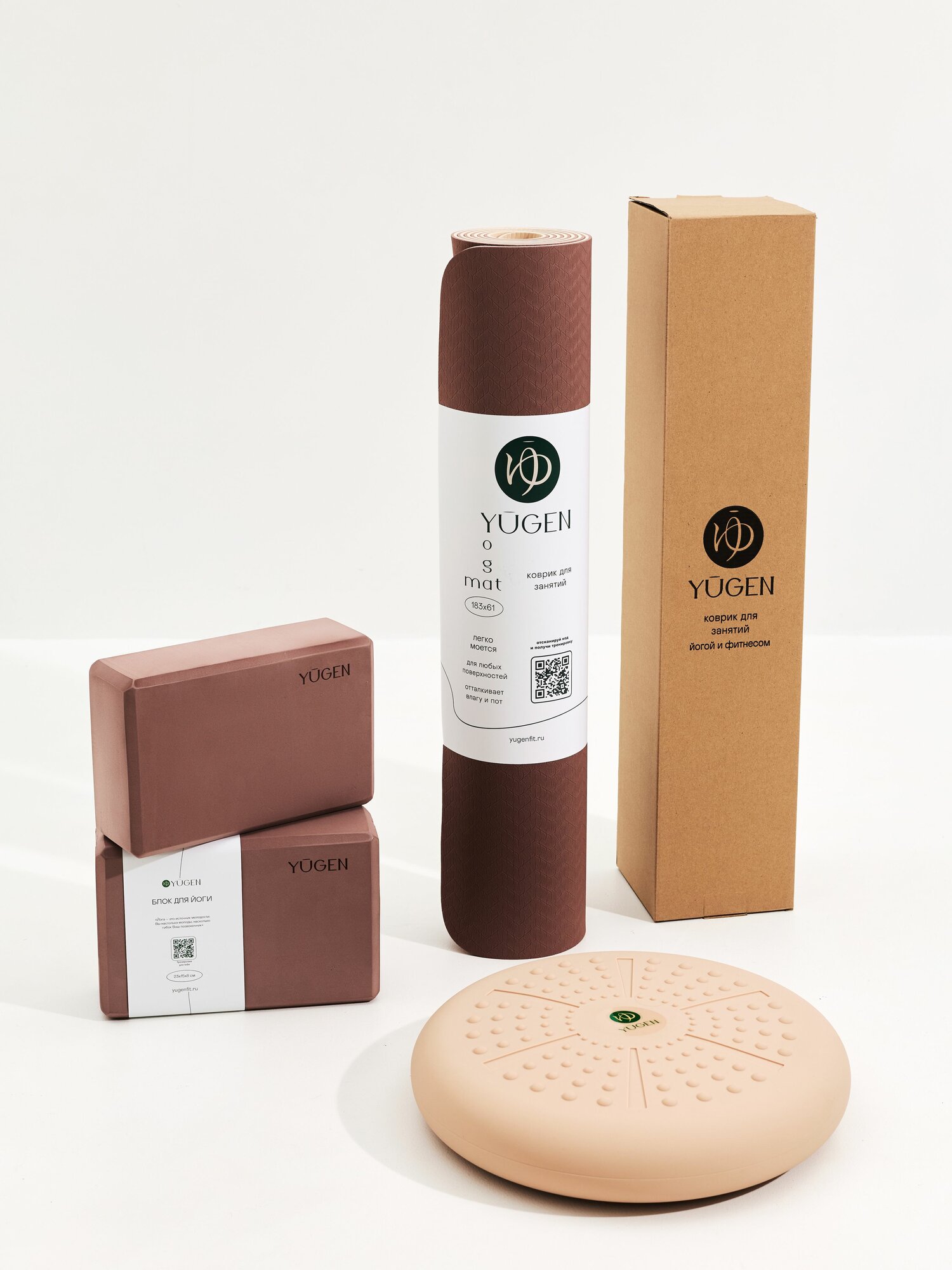 Опорный блок YUGEN для йоги и гимнастики, EVA, 2 шт./уп, коричневый — фото 1