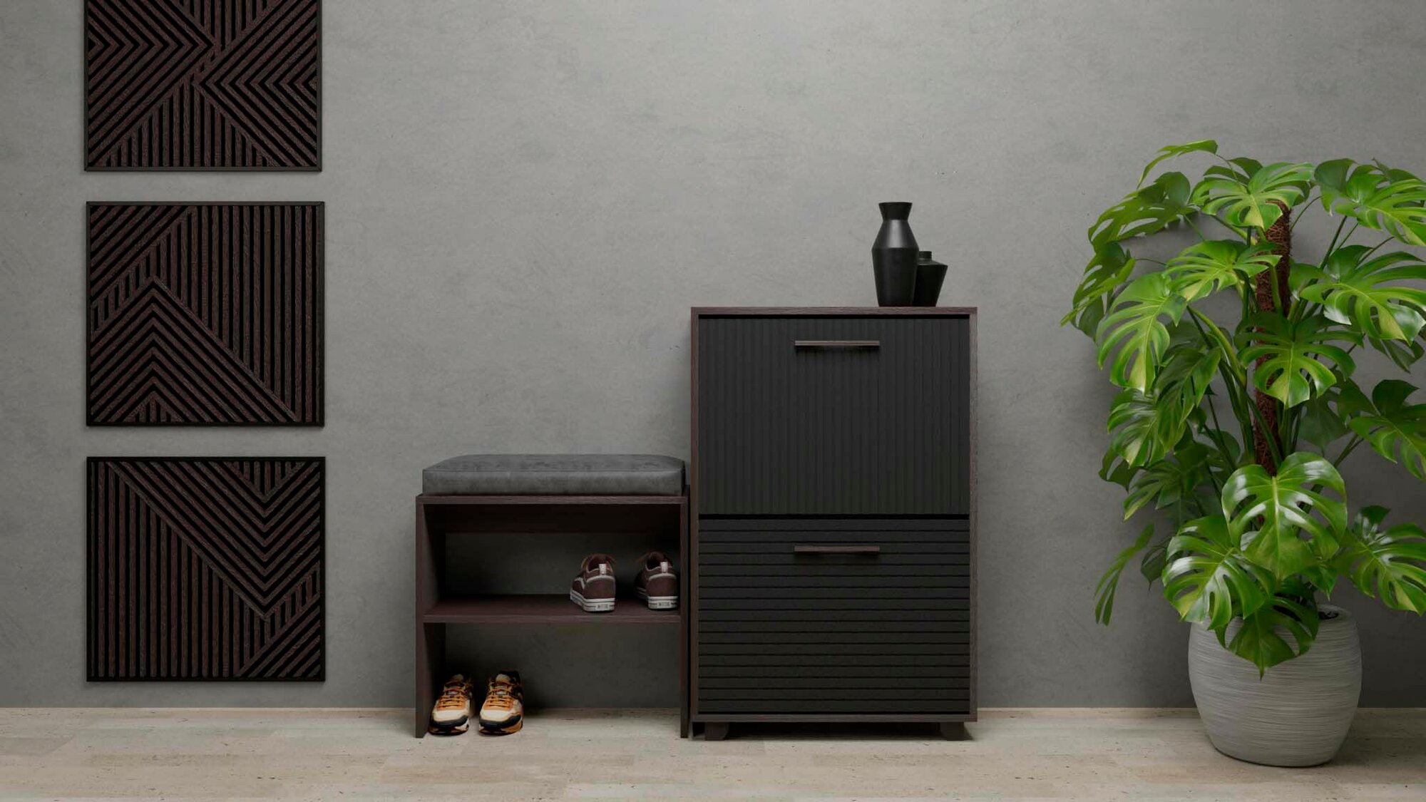 Обувница Копенгаген 2 ящика + скамья ЛДСП Венге/ МДФ Черный матовый 95х60х30