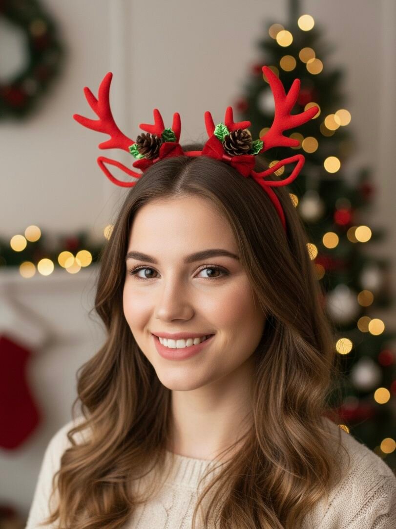 Красный ободок новогодний карнавальный рожки оленя с шишками