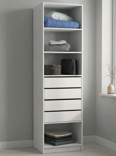 Изображение товара Открытый гардеробный шкаф-пенал Макс-3 с 4 ящиками и 4 полками, ШхГхВ: 60х50х210 см, белый