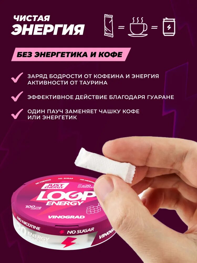 Энергетические паучи LOOP VINOGRAD — со вкусом винограда, без сахара, энергетик, 20 шт — фото 1