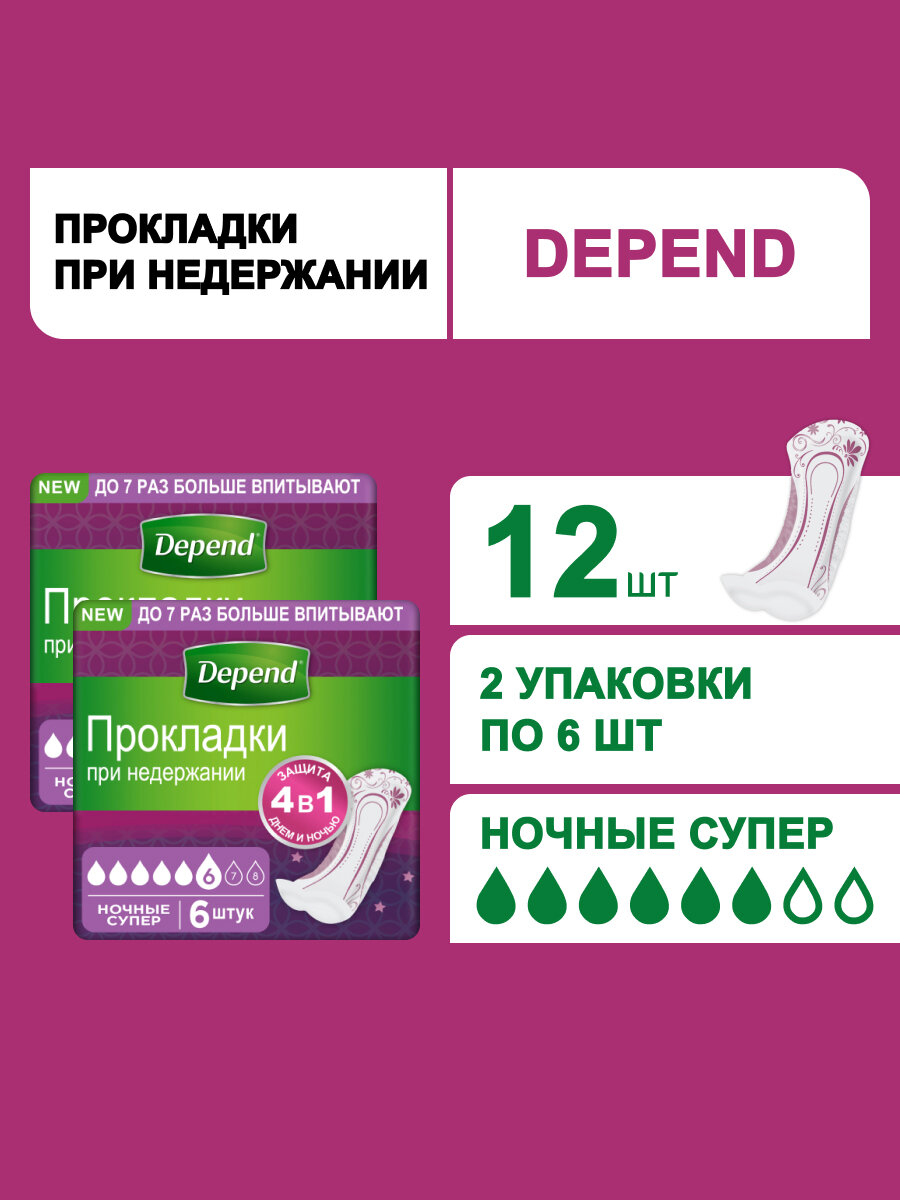 Прокладки женские Depend Ночные, 12 шт