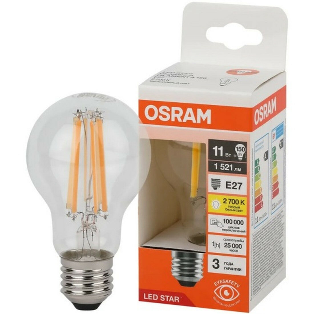 Светодиодная лампа Ledvance-osram Osram LED STAR CL A150 11W/827 230V FIL CL E27 10X1RU