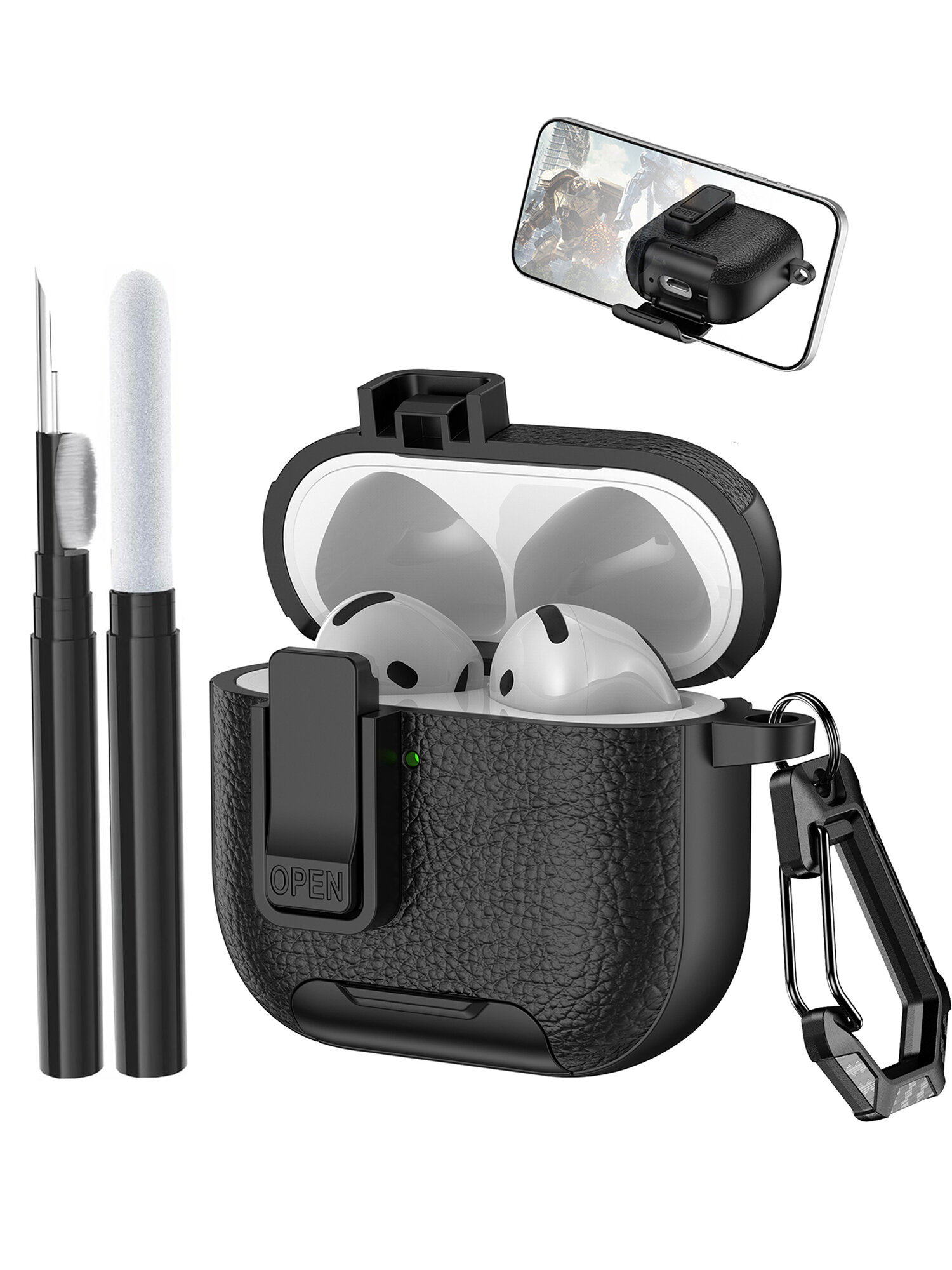 Чехол для наушников AirPods 4 (2024) пластик + эко кожа с замком и карабином + черная щетка, черный