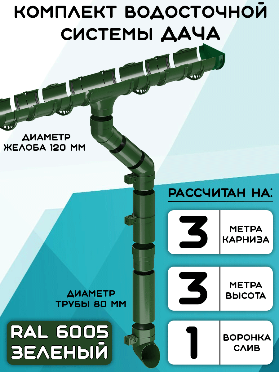 Комплект водосточной системы Дача 3 метра (120мм/80мм) водосток для крыши зеленый (RAL 6005)