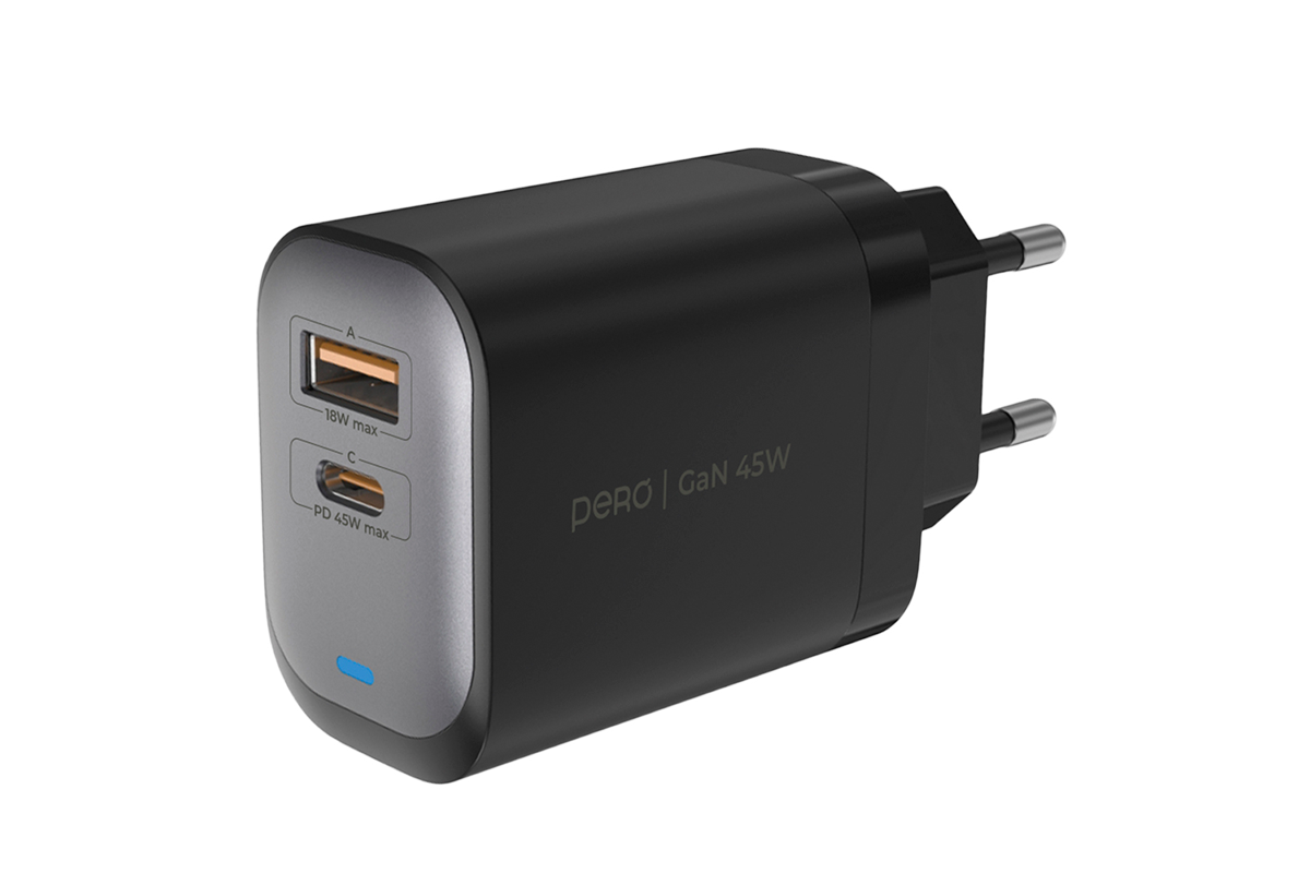Сетевое ЗУ PERO TC29 ULTIMATE GAN USB-A + USB-C, 45W серый