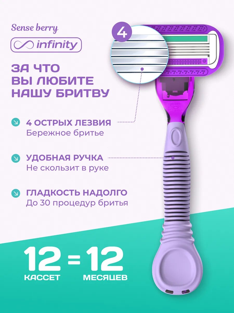 Бритва женская станок для бритья с 12 кассетами INFINITY SenseBerry, 4 лезвия — фото 1